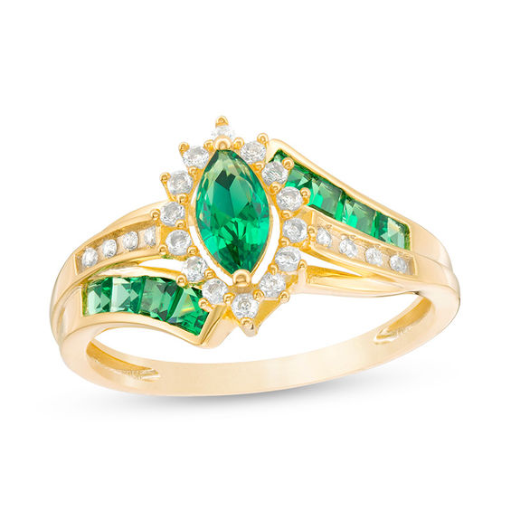 10k or 14k Yellow Gold 5 Stone Marquise Cut Simulated Emerald Ladies Band Ring