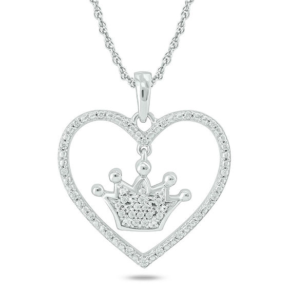 Sterling Silver Womens Round Diamond Crown Heart Pendant 1/10 Cttw 