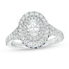 Thumbnail Image 0 of Vera Wang Love Collection 1-1/5 CT. T.W. Oval Diamond and Blue Sapphire Double Frame Engagement Ring in 14K White Gold