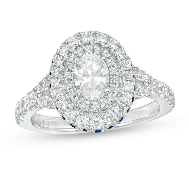 Vera Wang Love Collection 1-1/5 CT. T.W. Oval Diamond and Blue Sapphire Double Frame Engagement Ring in 14K White Gold