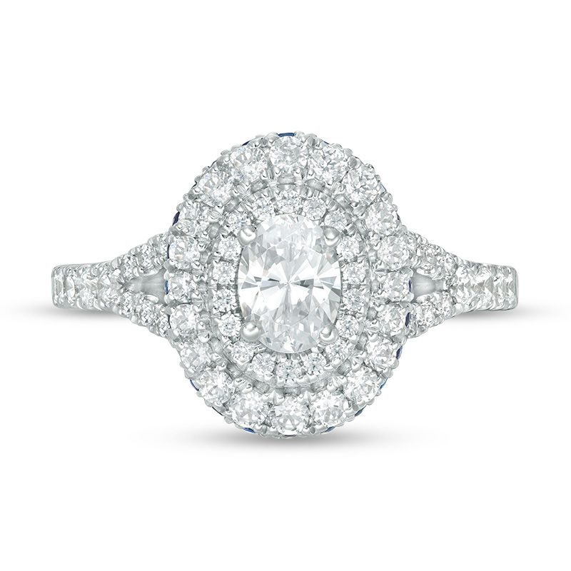 Vera Wang Love Collection 1-1/5 CT. T.W. Oval Diamond and Blue Sapphire Double Frame Engagement Ring in 14K White Gold