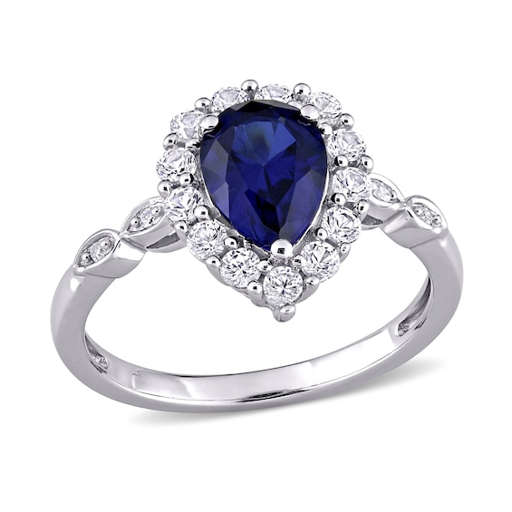 White gold finish Pear cut blue sapphire and  created diamond ring gift boxed