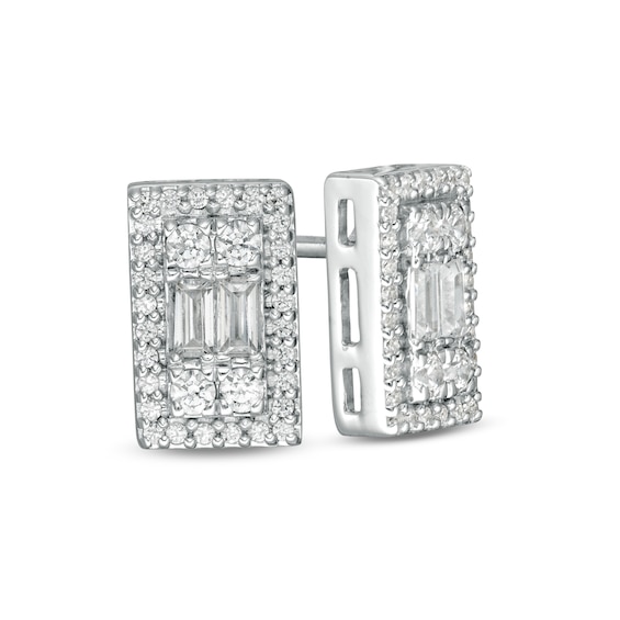 1.0 Carat Diamond Round & Baguette Cut Dangle Earrings Set In Platinum Finish
