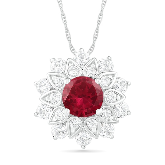 Jewel Zone US Simulated Ruby & White Cubic Zirconia Halo Pendant Necklace in 14k Gold Over Sterling Silver 