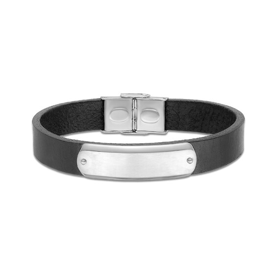 Stainless Steel Polished Black Leather Buckle Clasp Bracelet Stainless Steel Polished Black Leather Buckle Clasp Bracelet