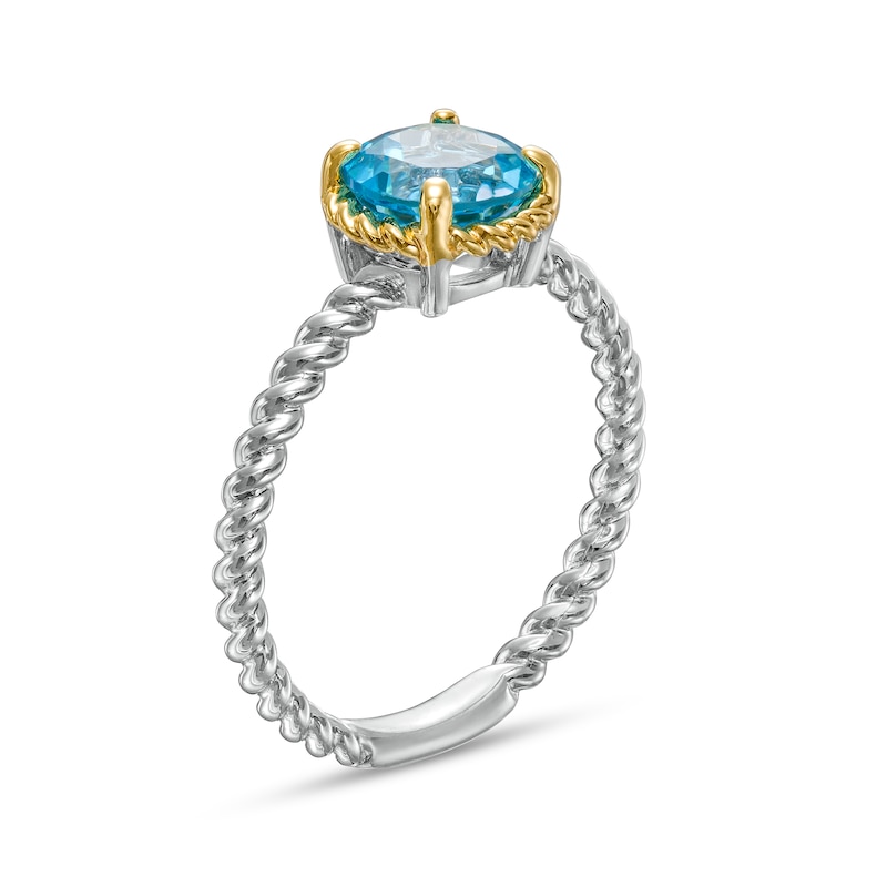 7.0mm Swiss Blue Topaz Solitaire Rope-Textured Frame and Shank Ring in Sterling Silver and 10K Gold