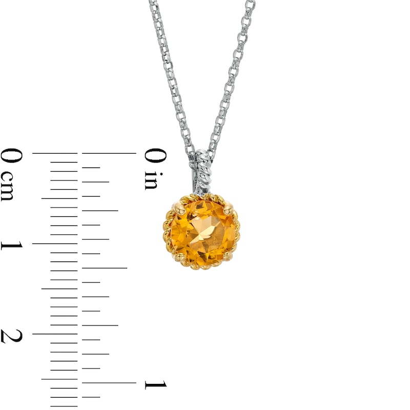 7.0mm Citrine Solitaire Rope-Textured Frame and Drop Pendant in Sterling Silver and 10K Gold