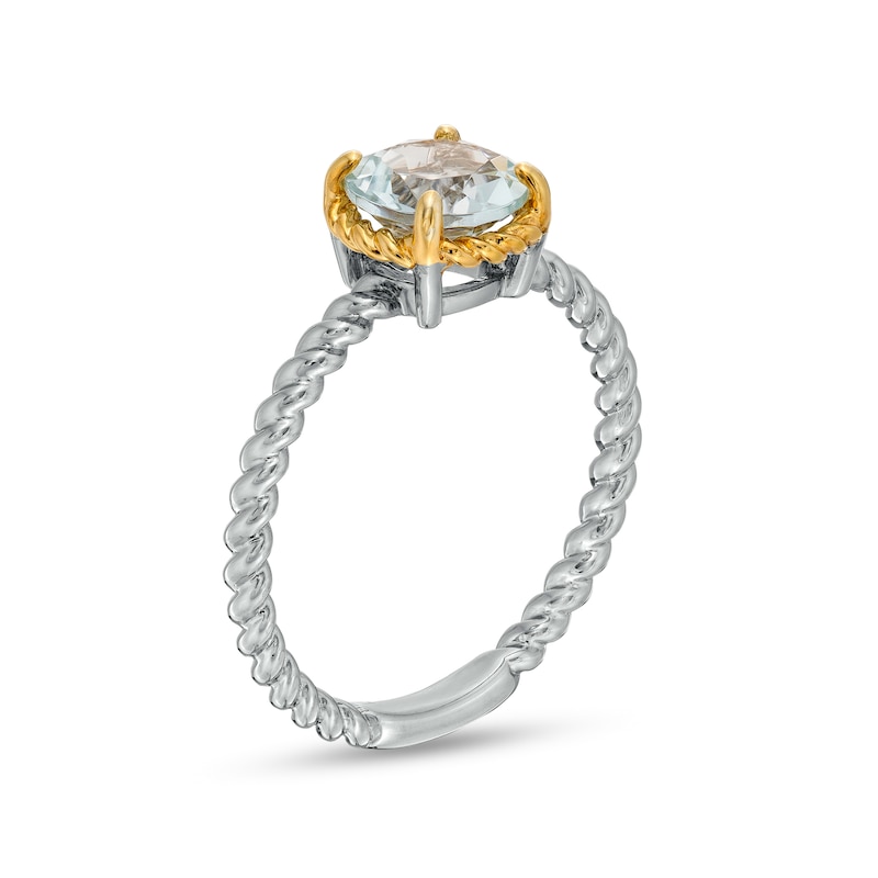 7.0mm Aquamarine Solitaire Rope-Textured Frame and Shank Ring in Sterling Silver and 10K Gold