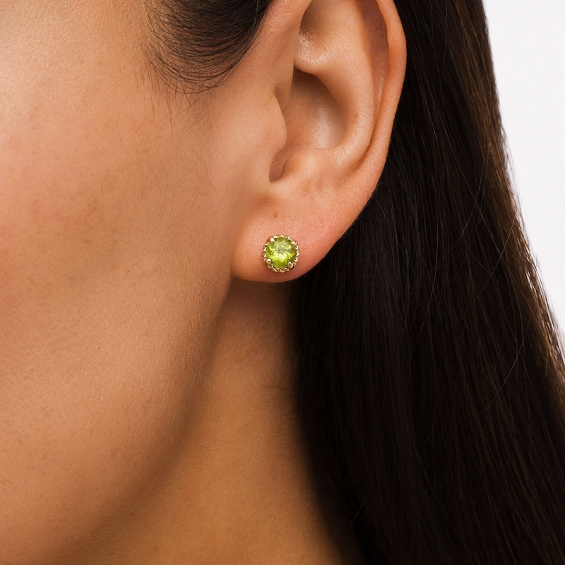 6.0mm Peridot Solitaire Rope-Textured Frame Stud Earrings in Sterling Silver and 10K Gold
