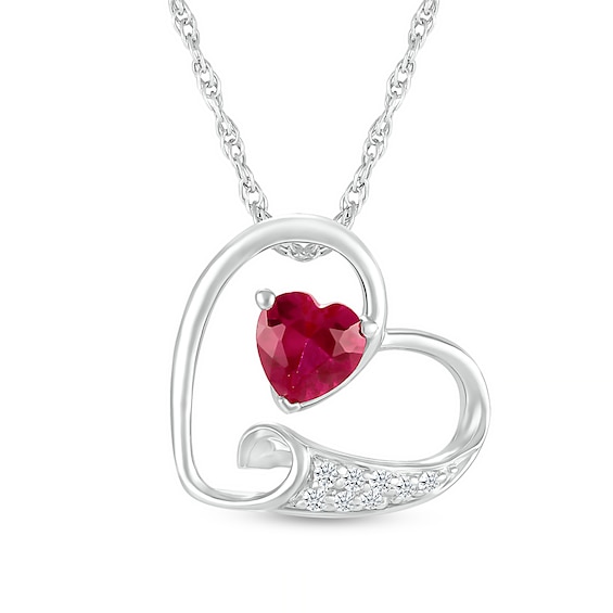 Jewel Zone US Simulated Ruby & Natural Diamond Looping Heart Pendant in 14K Gold Over Sterling Silver 