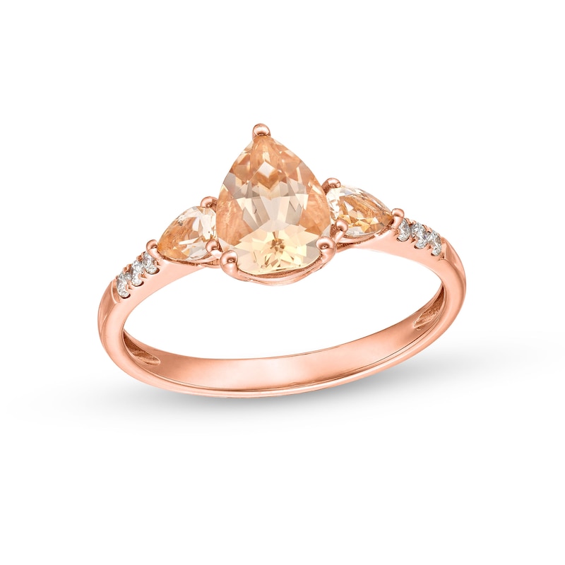 Pear-Shaped Morganite and 1/15 CT. T.W. Diamond Three Stone Ring in 10K Rose Gold
