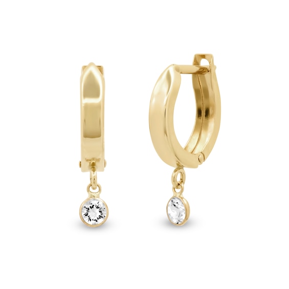 Solid 14k Yellow Gold CZ Circle Dangle Earrings Huggies w/ Chain Hanging Fashion Style Polished 40 mm 
