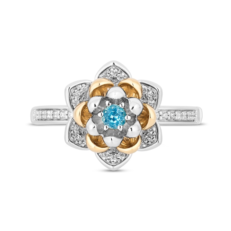 Enchanted Disney Jasmine 3.0mm Swiss Blue Topaz and 1/6 CT. T.W. Diamond Flower Ring in Sterling Silver and 10K Gold