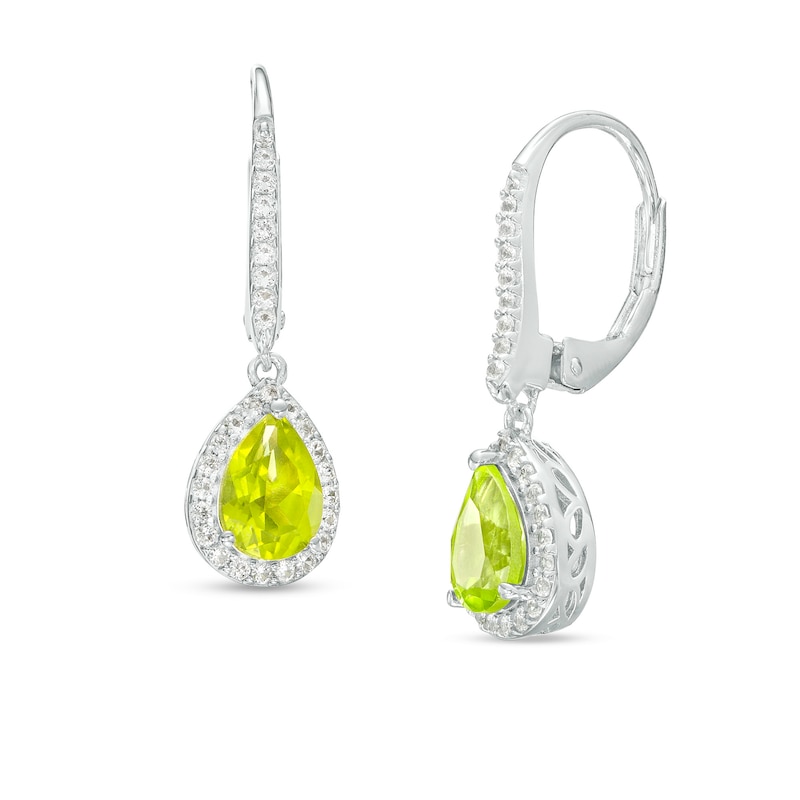 Pear-Shaped Peridot and White Lab-Created Sapphire Frame Drop Earrings in Sterling Silver