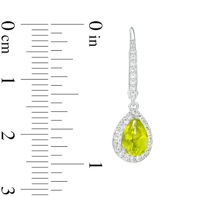 Pear-Shaped Peridot and White Lab-Created Sapphire Frame Drop Earrings in Sterling Silver