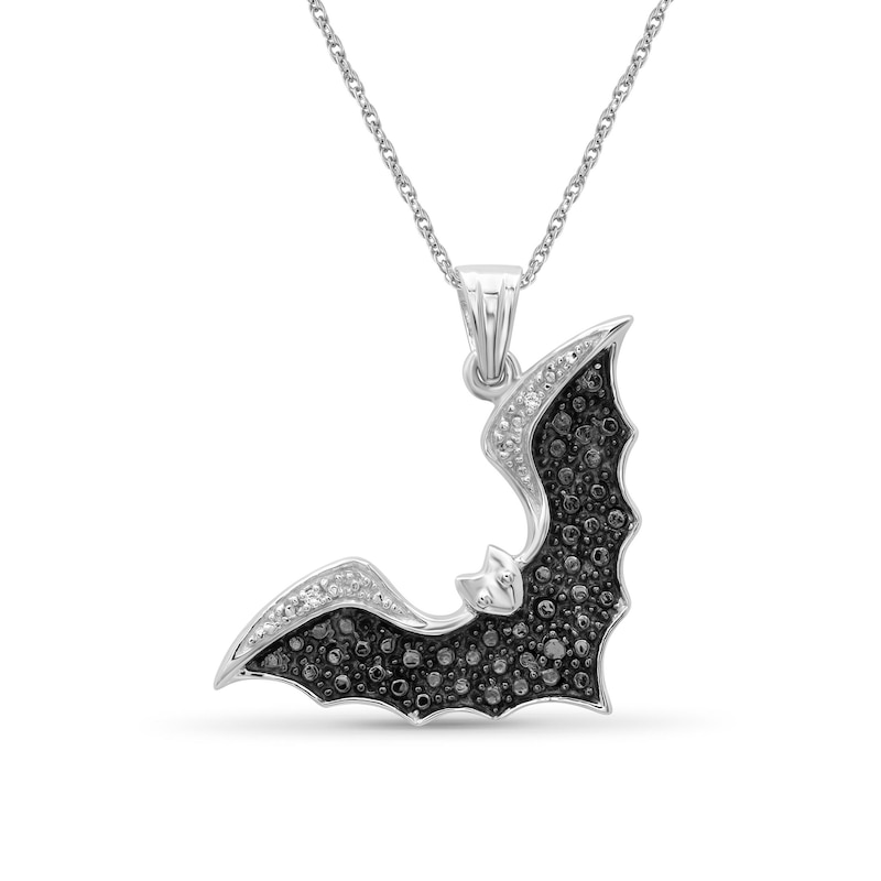 Black and White Diamond Accent Beaded Tilted Bat Drop Pendant in Sterling Silver and Black Rhodium