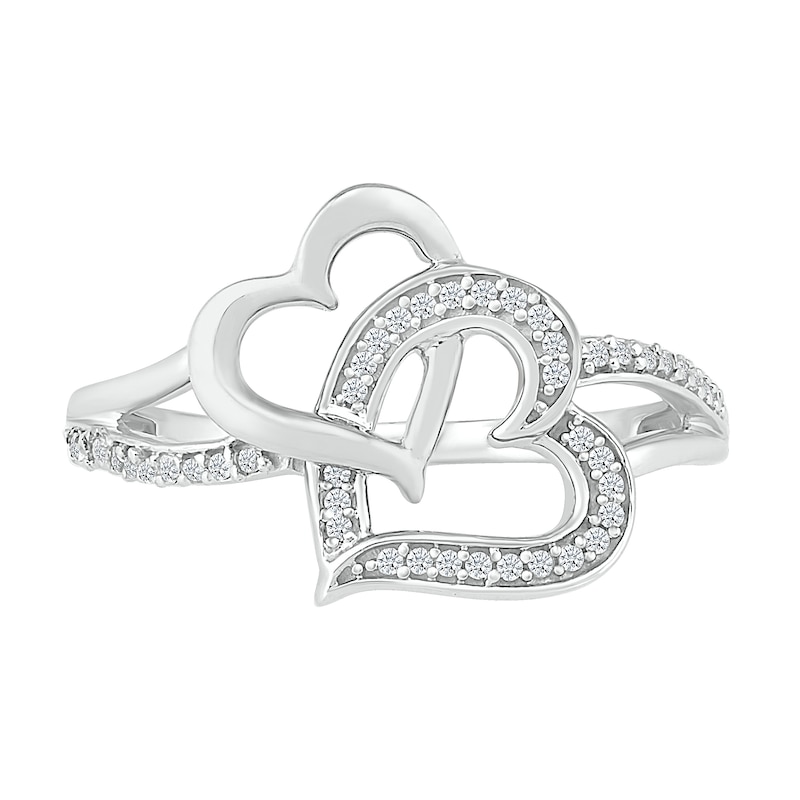 1/6 CT. T.W. Diamond Tilted and Sideways Double Interlocking Hearts Split Shank Promise Ring in Sterling Silver