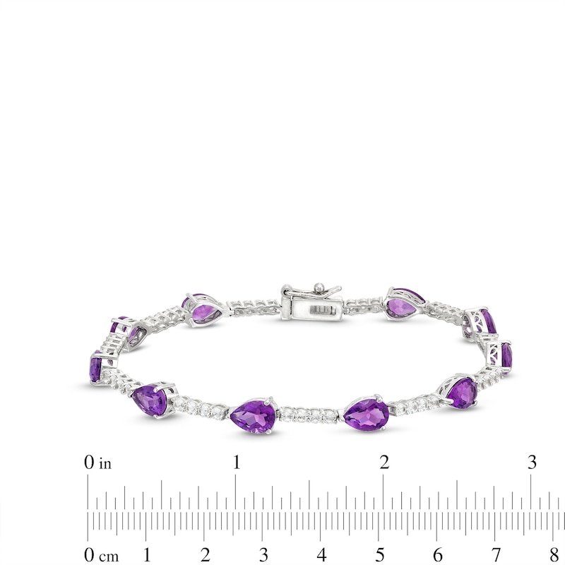 Pear-Shaped Amethyst and White Lab-Created Sapphire Station Line Bracelet in Sterling Silver - 7.25"