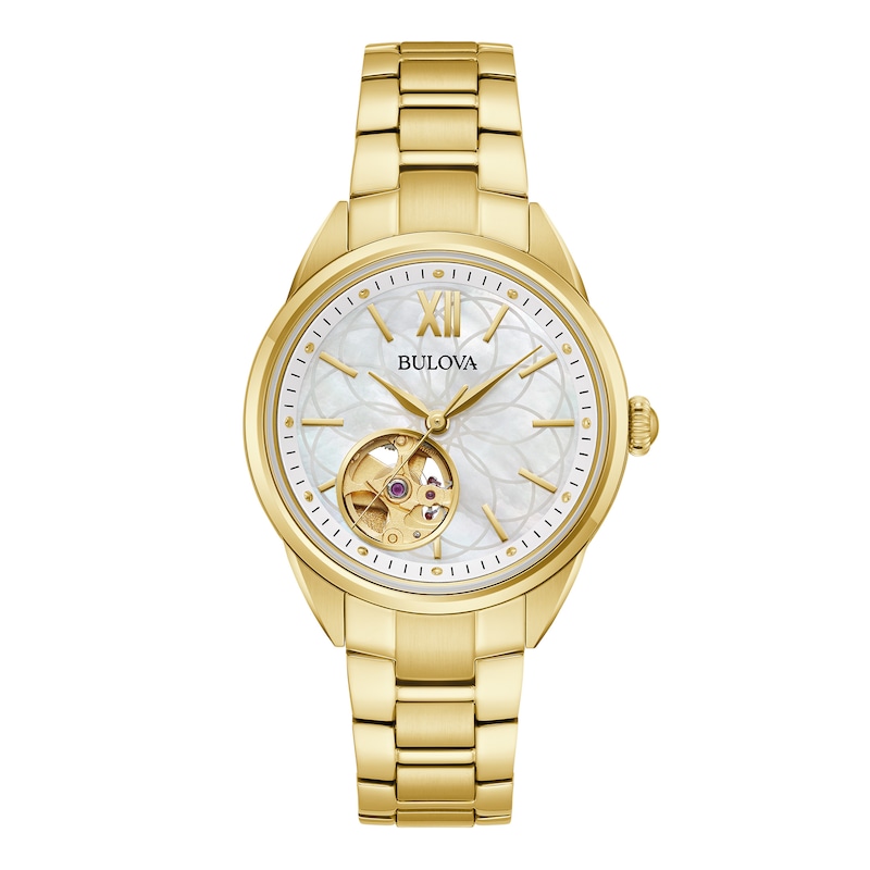 Ladies' Bulova Sutton Gold-Tone Watch with Mother-of-Pearl Dial and Skeleton Heart (Model: 97L172)