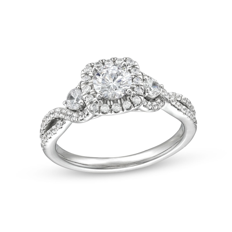 1 CT. T.W. Diamond Cushion Frame Split Shank Past Present Future® Engagement Ring in 14K White Gold (I/I2)