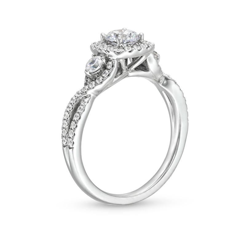 1 CT. T.W. Diamond Cushion Frame Split Shank Past Present Future® Engagement Ring in 14K White Gold (I/I2)