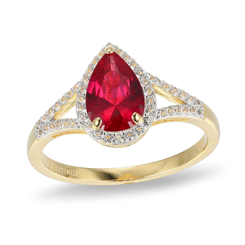 Pear-Shaped Lab-Created Ruby and White Sapphire Ring in Sterling Silver with 18K Gold Plate