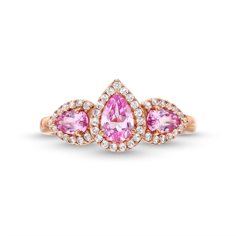 Pear-Shaped Pink and White Lab-Created Sapphire Frame Three Stone Ring in 10K Rose Gold