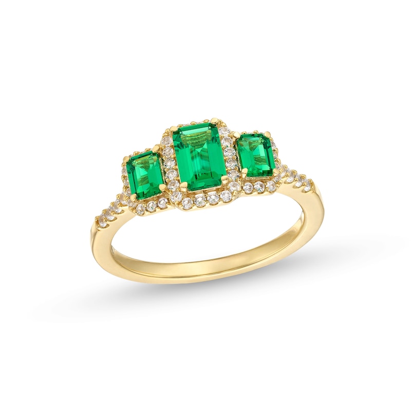 Emerald-Cut Lab-Created Emerald and 1/4 CT. T.W. Diamond Frame Three Stone Ring in 10K Gold