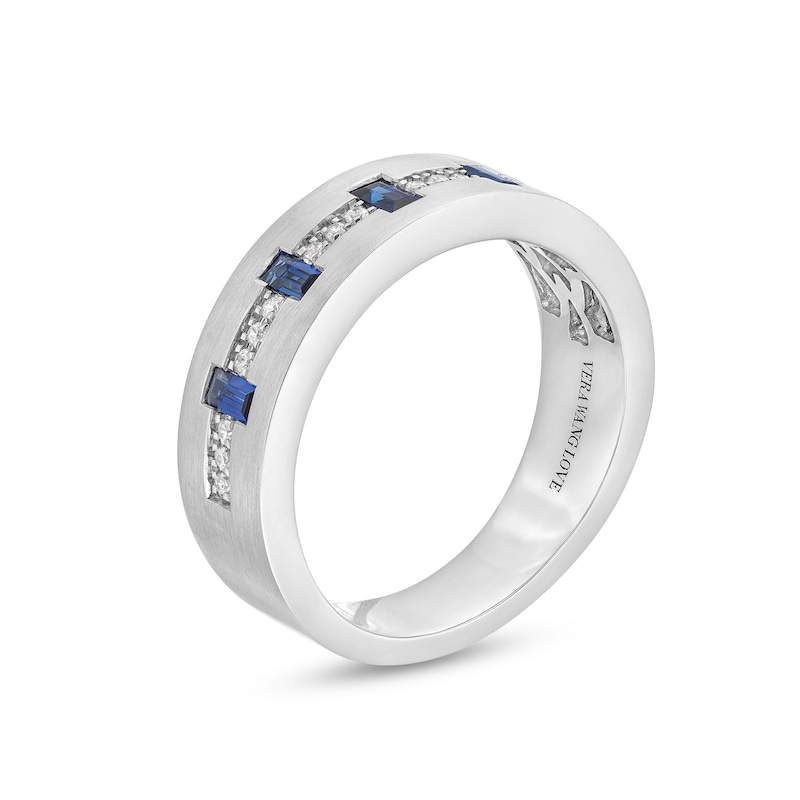 Vera Wang Love Collection Men's Baguette Blue Sapphire and 1/8 CT. T.W. Diamond Band in 14K White Gold