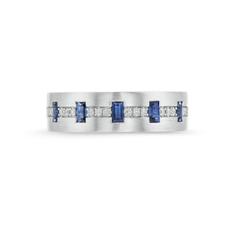 Vera Wang Love Collection Men's Baguette Blue Sapphire and 1/8 CT. T.W. Diamond Band in 14K White Gold