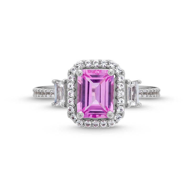 Emerald-Cut Pink and White Lab-Created Sapphire Framed Ring in Sterling Silver