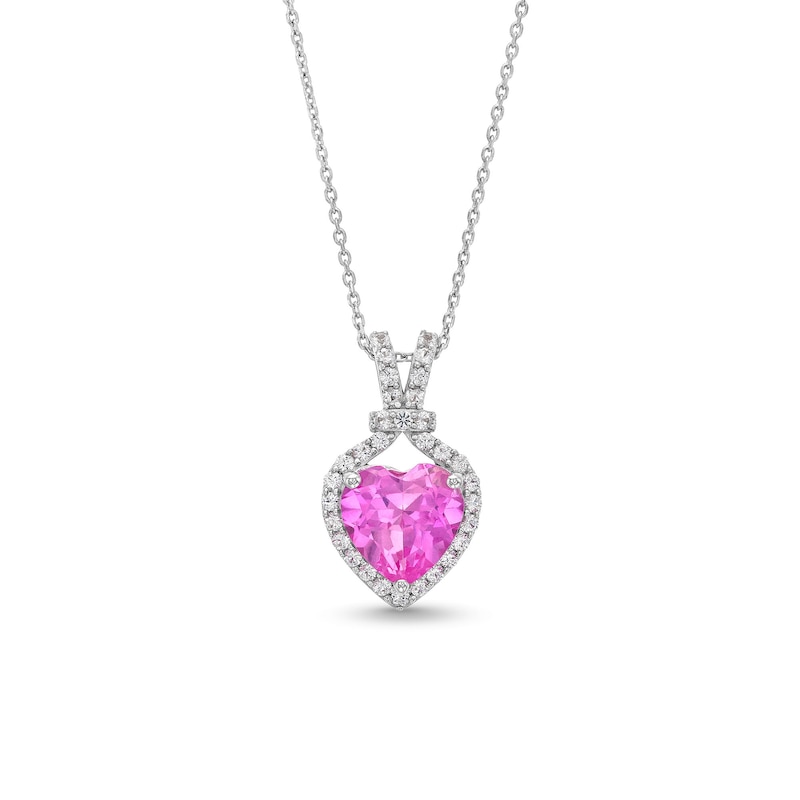 10.0mm Heart-Shaped Pink and White Lab-Created Sapphire Frame Pendant in Sterling Silver