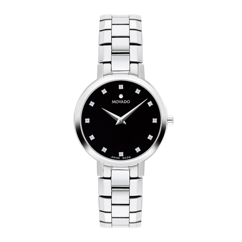 Ladies' Movado Faceto 1/20 CT. T.W. Diamond Watch with Black Dial (Model: 0607866)