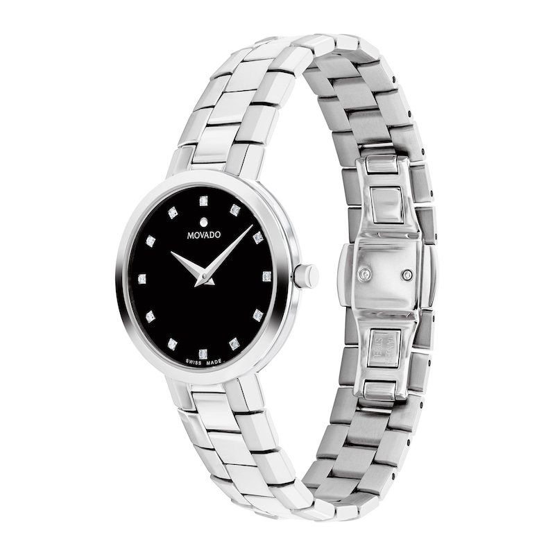Ladies' Movado Faceto 1/20 CT. T.W. Diamond Watch with Black Dial (Model: 0607866)