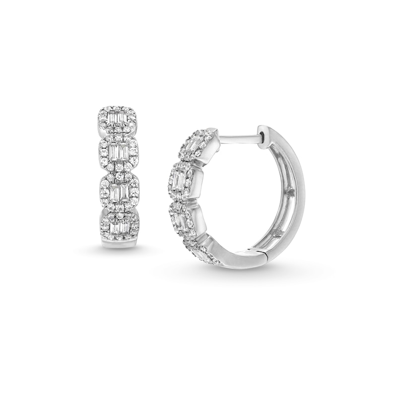 1/2 CT. T.W. Round and Baguette-Cut Diamond Huggie Hoop Four-Stone Earrings in 10K White Gold