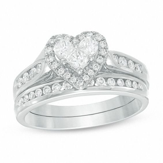Previously Owned 3 4 Ct T W Diamond Heart Bridal Set In 14k T W Diamond Heart Bridal Set In 14k White