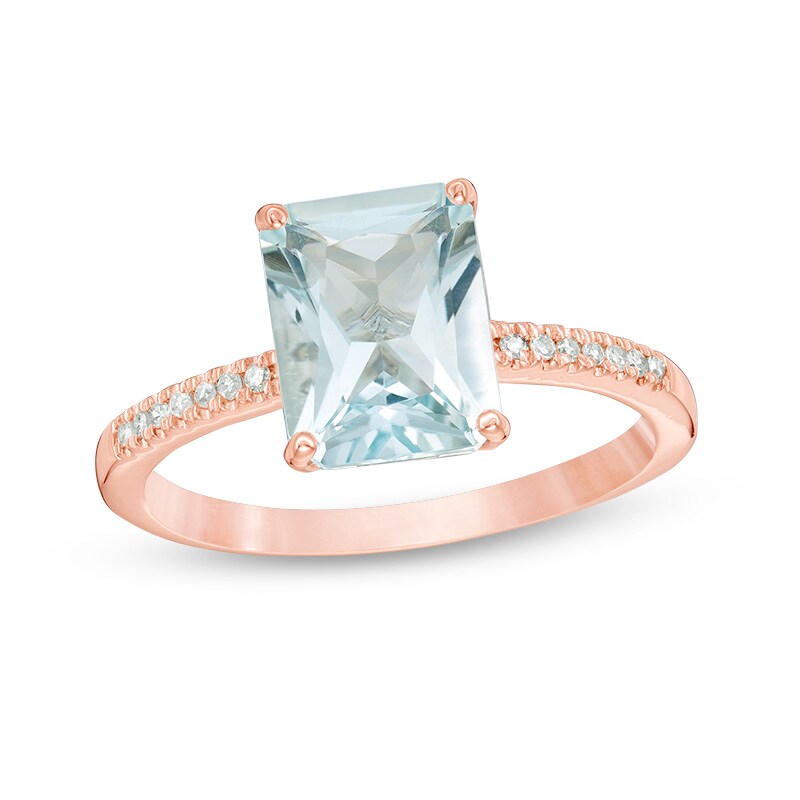 Main Image 1 of Previously Owned - Emerald-Cut Aquamarine and 1/10 CT. T.W. Diamond Ring in 14K Rose Gold