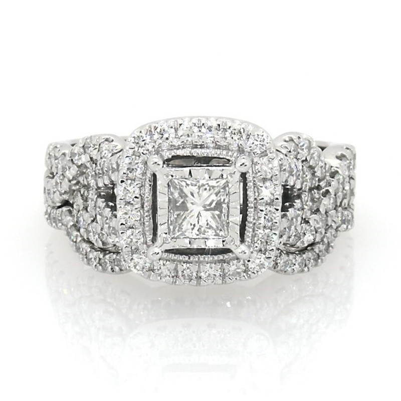 Previously Owned - 1-1/2 CT. T.W. Princess-Cut Diamond Frame Vintage-Style Twist Bridal Set in 14K White Gold