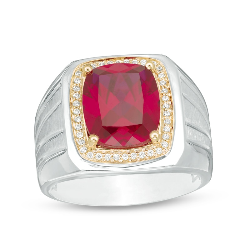 Previously Owned - Men's Cushion-Cut Lab-Created Ruby and 1/6 CT. T.W. Diamond Ring in Sterling Silver and 10K Gold