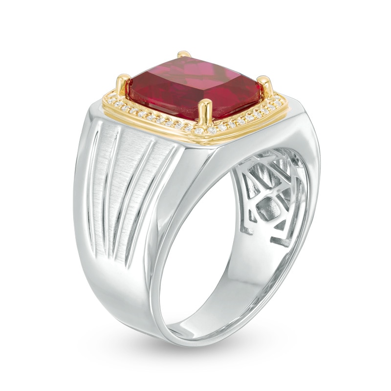 Previously Owned - Men's Cushion-Cut Lab-Created Ruby and 1/6 CT. T.W. Diamond Ring in Sterling Silver and 10K Gold