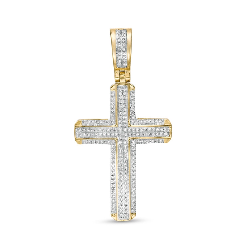 Previously Owned - Men's 1/4 CT. T.W. Diamond Double Row Cross Necklace Charm in 10K Gold