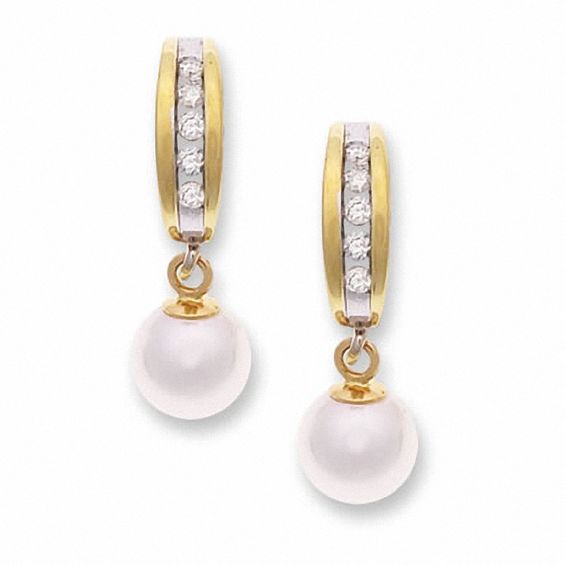 Cultured Freshwater Pearl And Diamond J-Hoop Earrings In 10K Gold