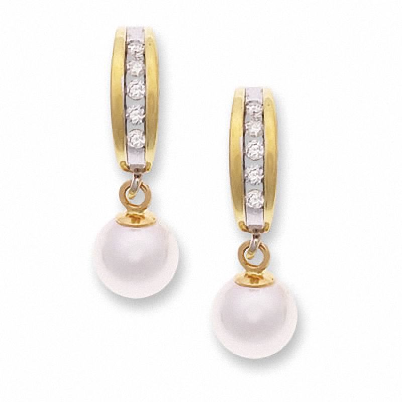 Main Image 1 of Freshwater Cultured Pearl and Diamond J-Hoop Earrings in 10K Gold