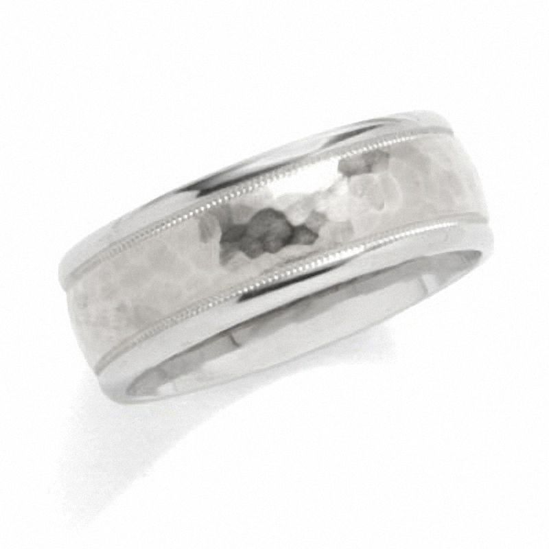 Main Image 1 of 8.0mm Hammered Milgrain Comfort-Fit Wedding Band in 14K Two-Tone Gold - Size 10.5