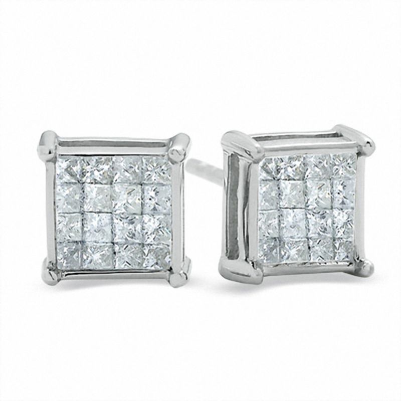 Main Image 1 of 1/2 CT. T.W. Princess-Cut Multi-Diamond Fashion Earrings in 14K White Gold