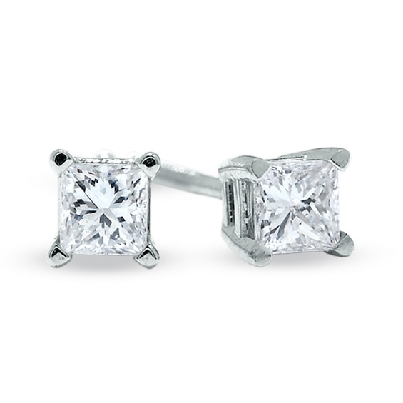 1/ CT. T.w. Princess Cut Diamond Solitaire Stud Earrings in 14K White Gold