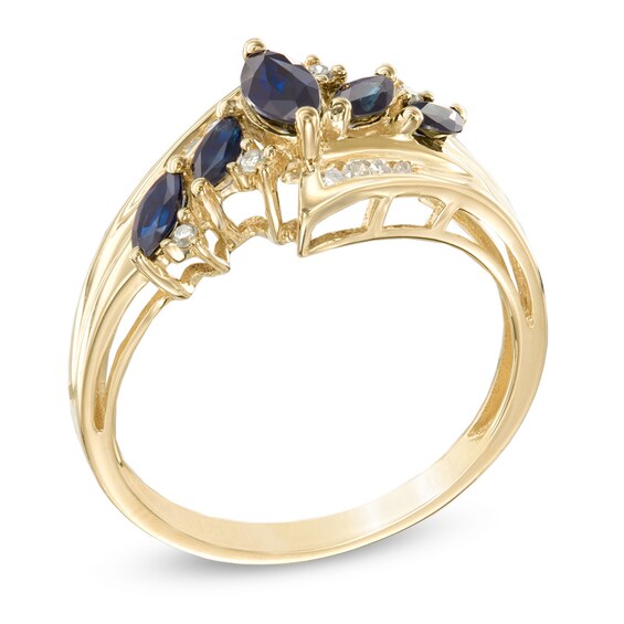 5-Stone Marquise Blue Sapphire Ring with Diamond Accents in 10K Gold - Size 7