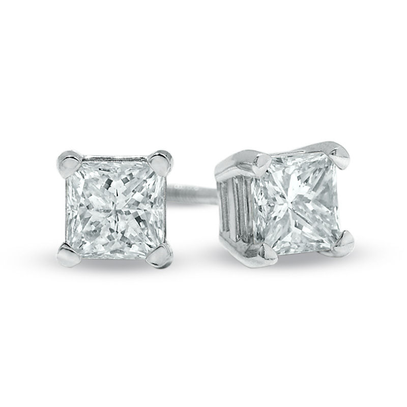 Main Image 1 of 3/4 CT. T.W. Certified Princess-Cut Diamond Solitaire Stud Earrings in 14K White Gold