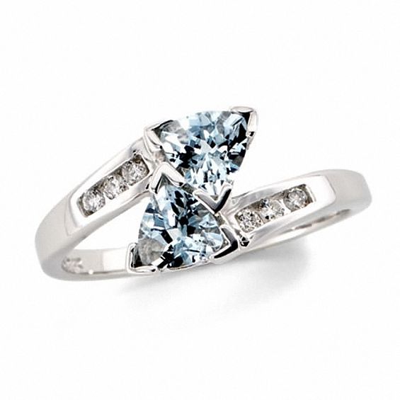 Trilliion Cut Aquamarine Bypass Ring In 10K White Gold With Diamond Accents