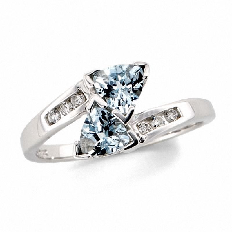 Trilliion Cut Aquamarine Bypass Ring in 10K White Gold with Diamond Accents